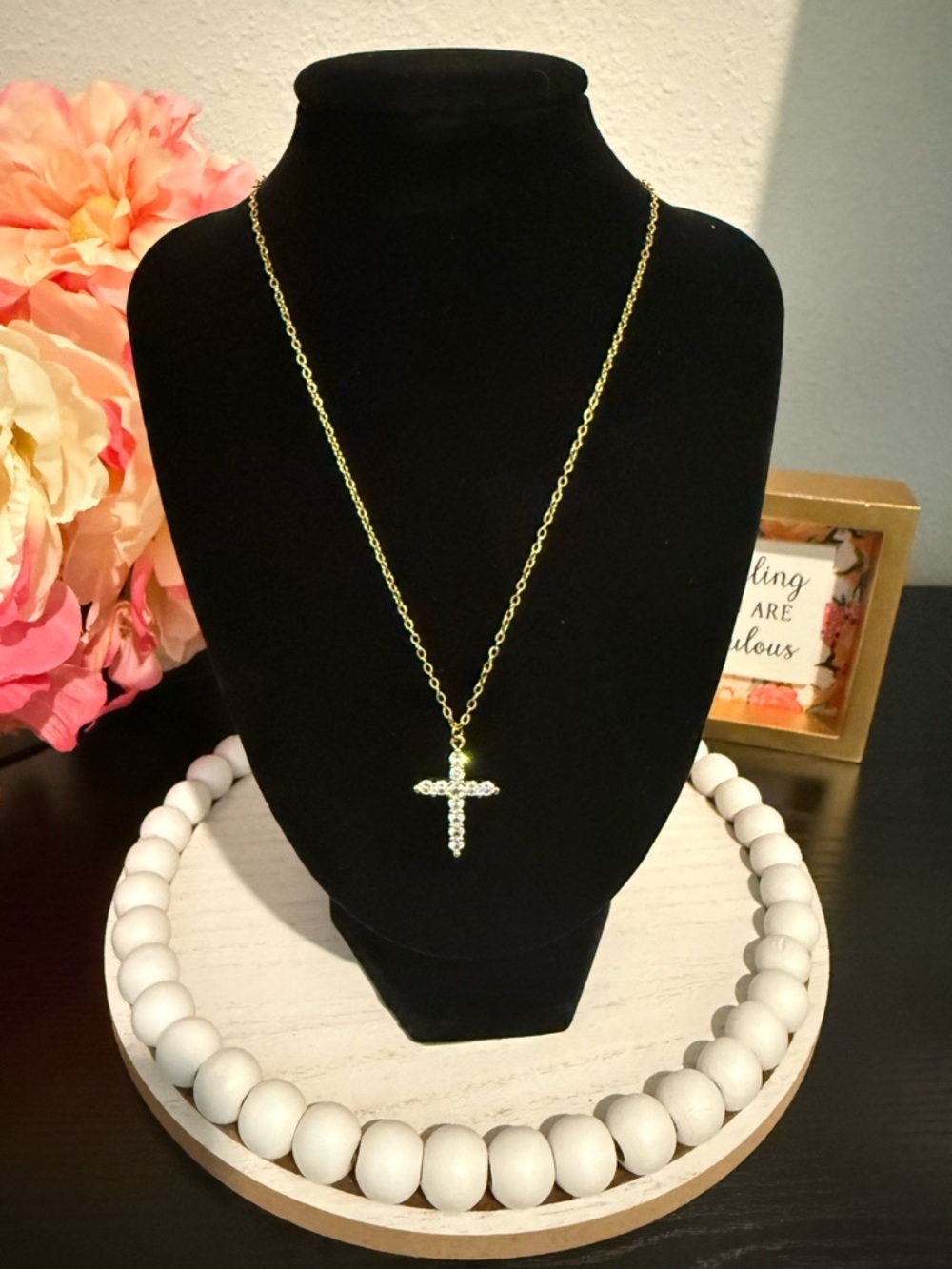 Gold Tone Cross Necklace w/ CZ Stones | Dainty Chain - Picture 2 of 6